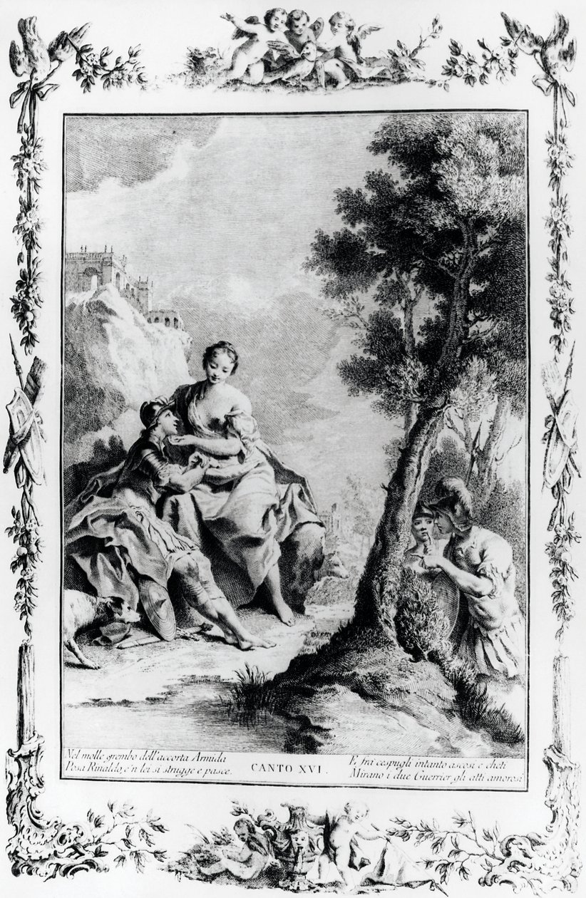 Armida och Rinaldo sett av korsfararna Carlo och Ubaldo, canto XVI, Jerusalem levererad av Giovanni Battista Piazzetta