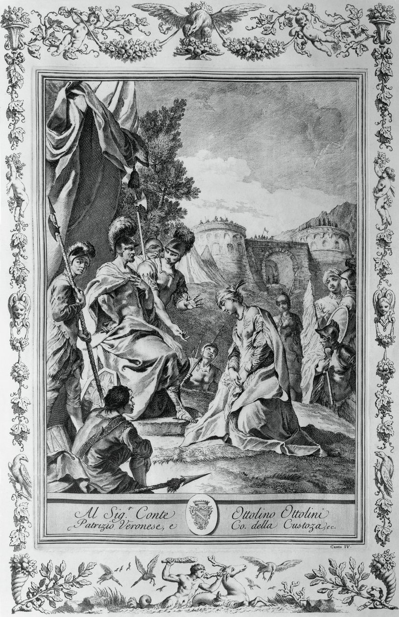 Armida framför Goffredo, gravyr, av Giovanni Battista Piazzetta (1683-1754) för Canto III av Jerusalem levererad, av Torquato Tasso (1544-1595), utgiven av Giovanni Battista Albrizzi, Venedig, Italien av Giovanni Battista Piazzetta