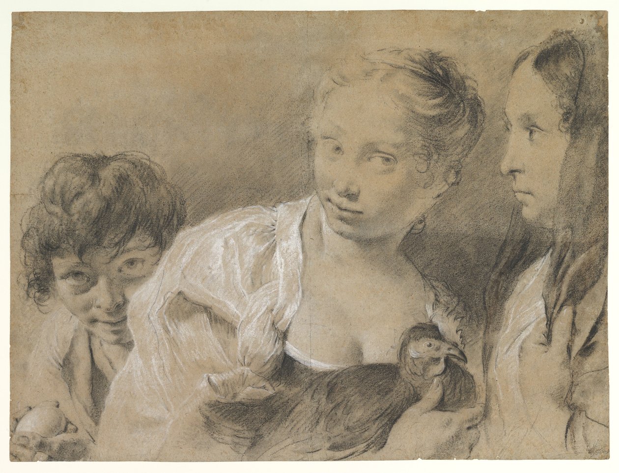 Pojke med ett ägg, flicka med en höna och en betraktande kvinna av Giovanni Battista Piazzetta