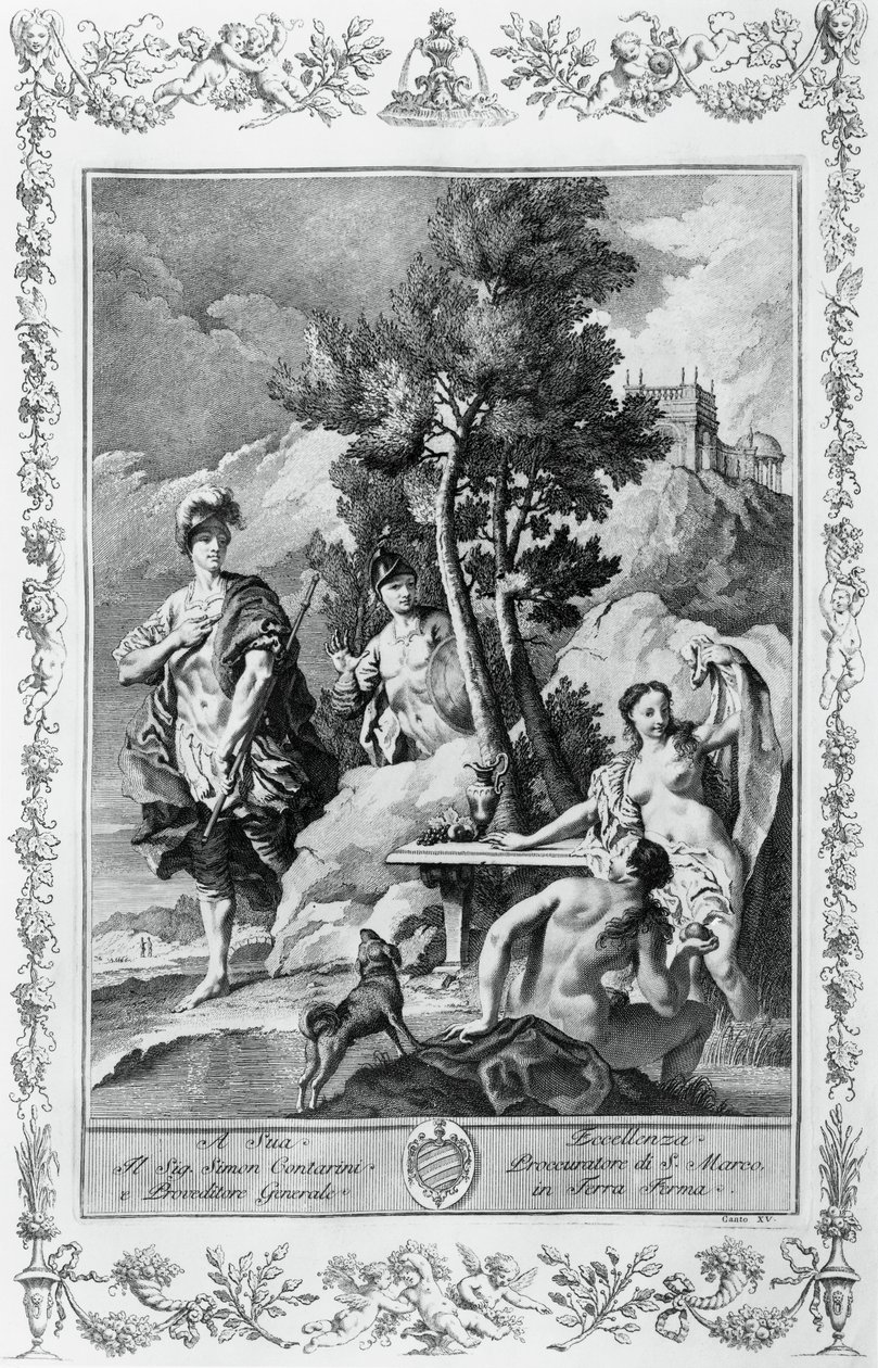 Carlo och Ubaldo i Happy Islands, gravyr, av Giovanni Battista Piazzetta (1683-1754) för Canto XV av Jerusalem Levererad, av Torquato Tasso (1544-1595), Giovanni Battista Albrizzi-upplagan, Venedig, Italien av Giovanni Battista Piazzetta