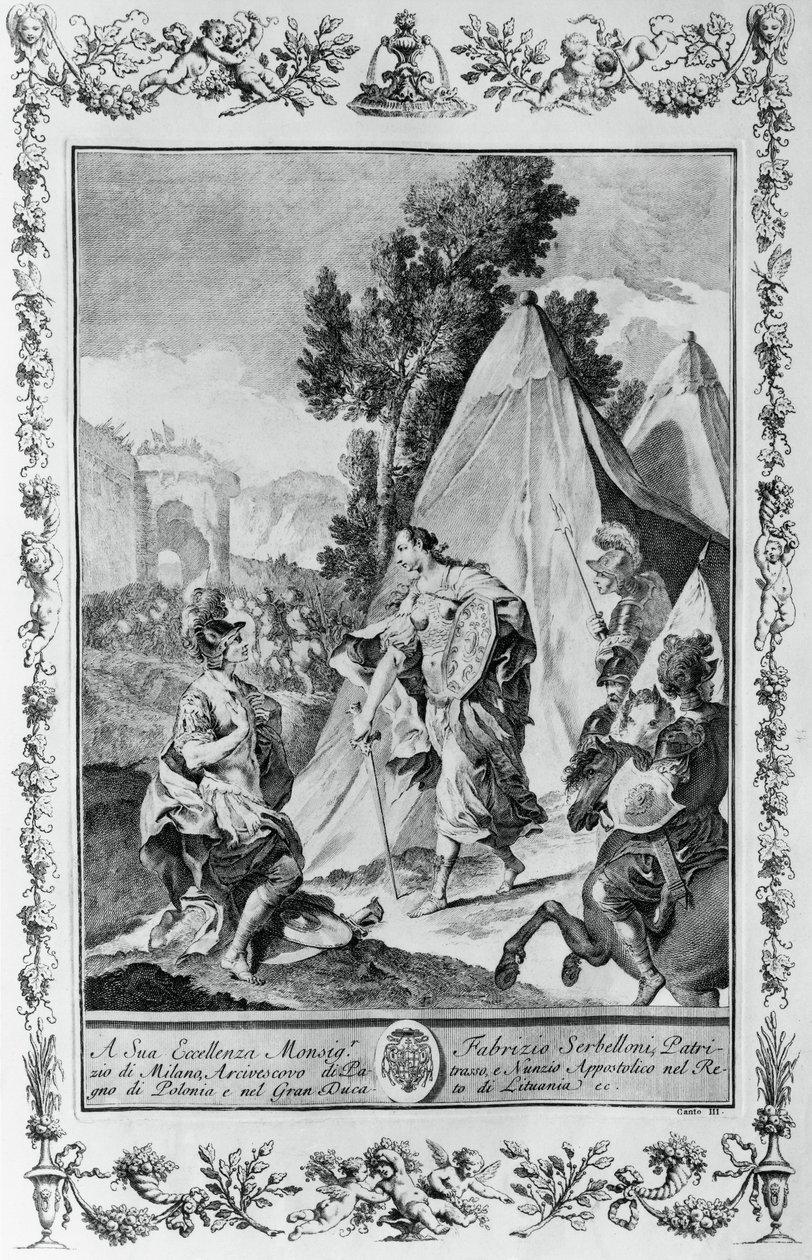 Korsfarare vid belägringen av Jerusalem, gravyr, av Giovanni Battista Piazzetta (1683-1754) för Canto III av Jerusalem levererad, av Torquato Tasso (1544-1595), utgiven av Giovanni Battista Albrizzi, Venedig, Italien av Giovanni Battista Piazzetta
