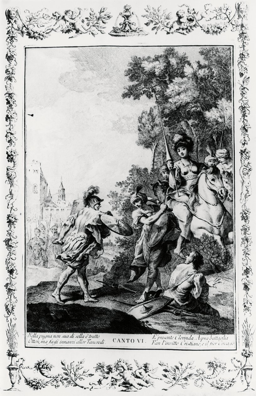 Duell mellan Ottone och Tancredi i närvaro av Clorinda, canto VI, Jerusalem levererad av Giovanni Battista Piazzetta