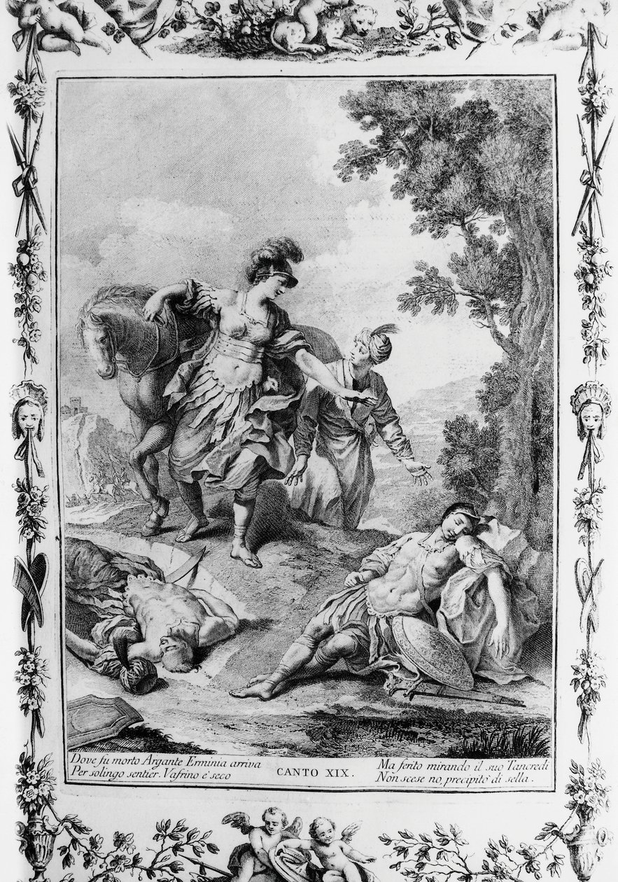 Erminia kommer över sårade Tancredi, Canto XIX, Jerusalem levereras av Giovanni Battista Piazzetta