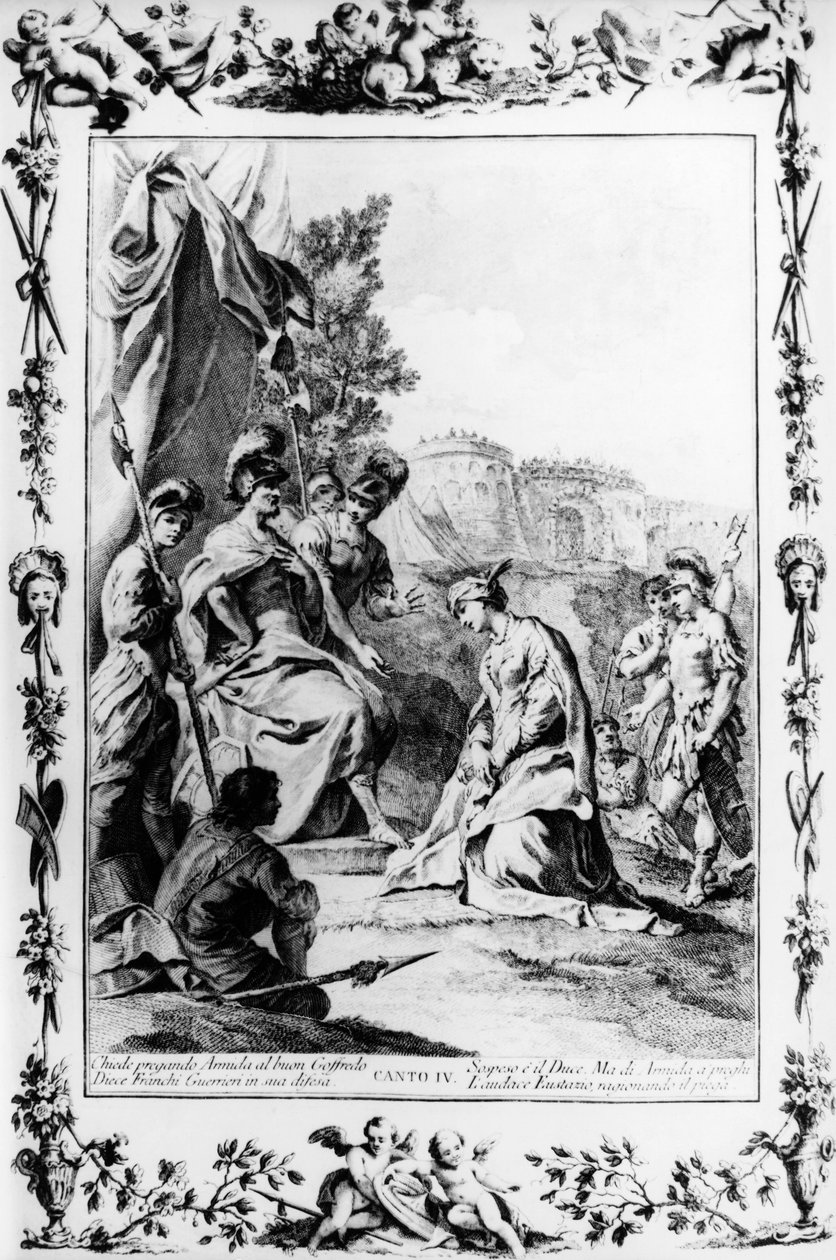 Eustathius går i förbön till förmån för Armida med Godfrey av Bouillon, canto IV, Jerusalem levererad av Giovanni Battista Piazzetta
