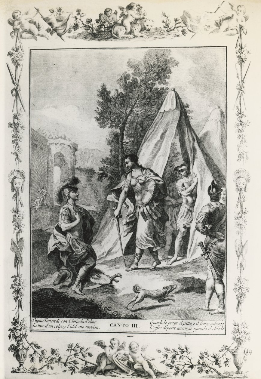 Jerusalem Delivered, canto III, illustration av Giovanni Battista Piazzetta (1683-1754) för dikt av Torquato Tasso (1544-1595), upplaga publicerad i Venedig 1745, Italien av Giovanni Battista Piazzetta