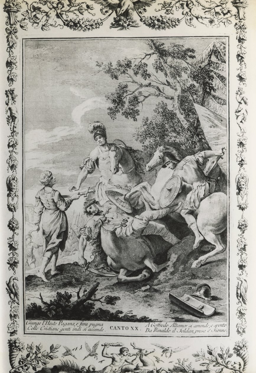 Jerusalem Delivered, canto XX, illustration av Giovanni Battista Piazzetta (1683-1754) för dikt av Torquato Tasso (1544-1595), upplaga publicerad i Venedig 1745, Italien av Giovanni Battista Piazzetta