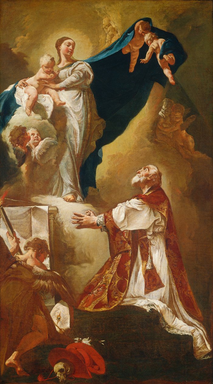 Madonna och barn visar sig för Saint Philip Neri, troligen 1725 eller senare. av Giovanni Battista Piazzetta