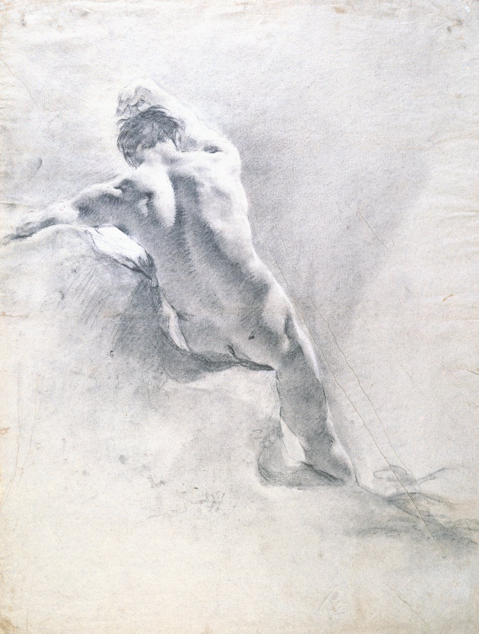 Studie av en naken man, ca 1715 (svart krita förhöjd med vitt på papper) av Giovanni Battista Piazzetta