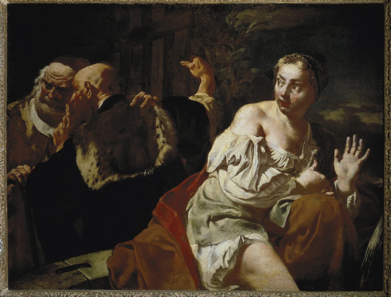 Suzanne and the Elders - Olja på duk, cirka 1720 av Giovanni Battista Piazzetta