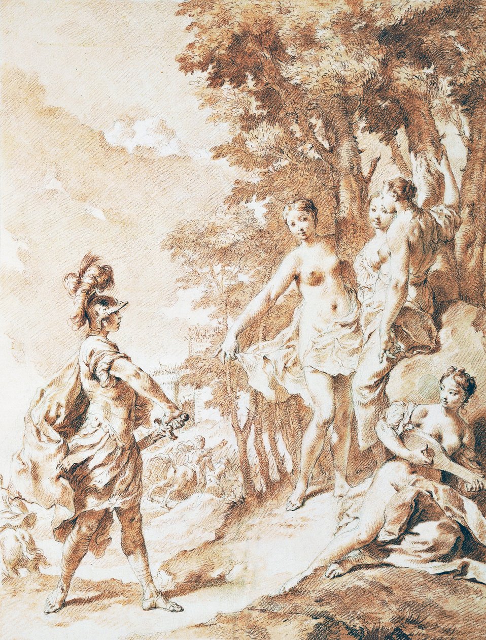 Tancredi på tröskeln till den förtrollade skogen, scen från Jerusalem levererat av Torquato Tasso, av Giovanni Battista Piazzetta (1682-1754), sangvinsk av Giovanni Battista Piazzetta