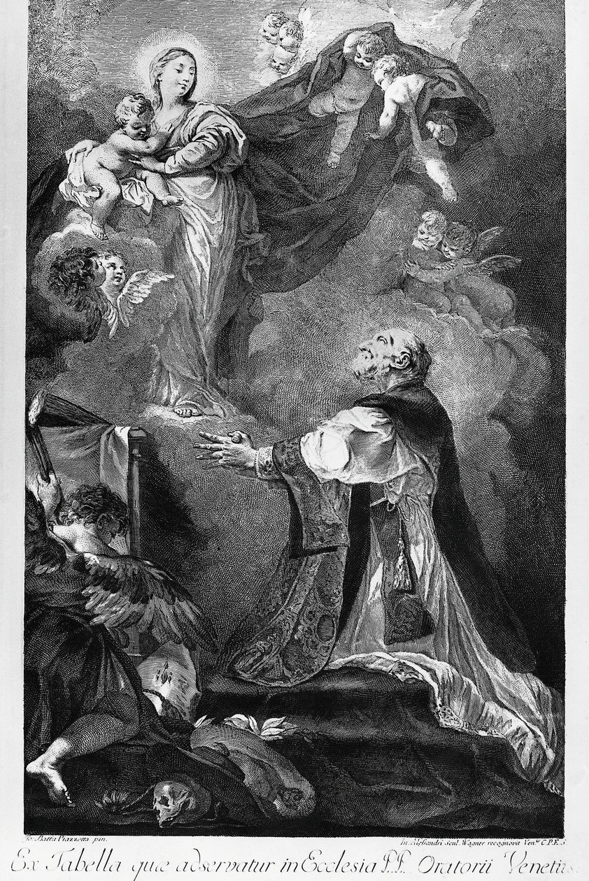 Jungfru som visar sig för den helige Philip Neri, av Giovanni Battista Piazzetta (1682-1754), gravyr av Innocente Alessandri, Italien av Giovanni Battista Piazzetta