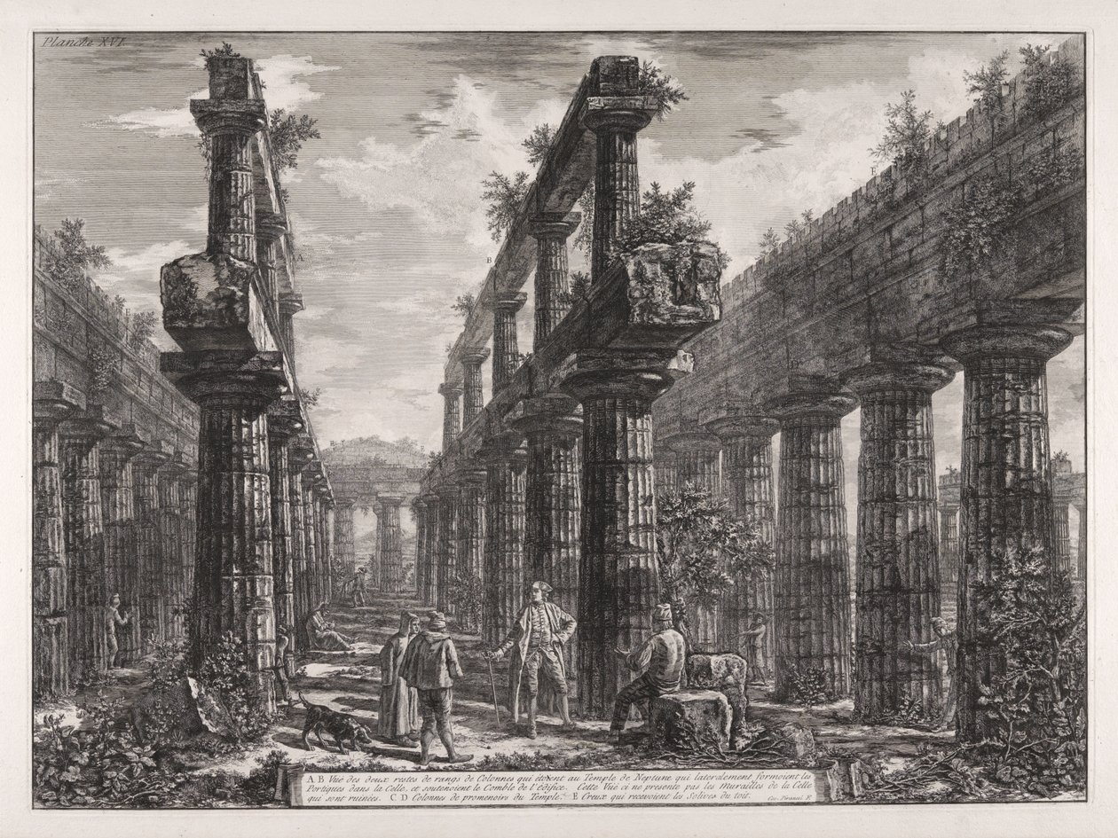 A., B. Vy över resterna av de två kolonnraderna i Neptunustemplet, som på sidorna bildade pelargångarna i cellan och bar byggnadens tak ... av Giovanni Battista Piranesi