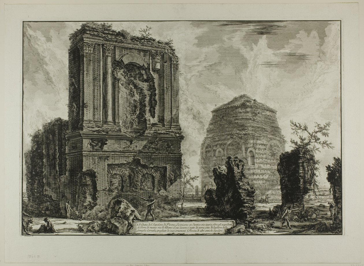 A. Utsikt över Licinianus Piso-graven på den antika vägen via Appia... B. Cornelii-graven..., från utsikt över Rom av Giovanni Battista Piranesi