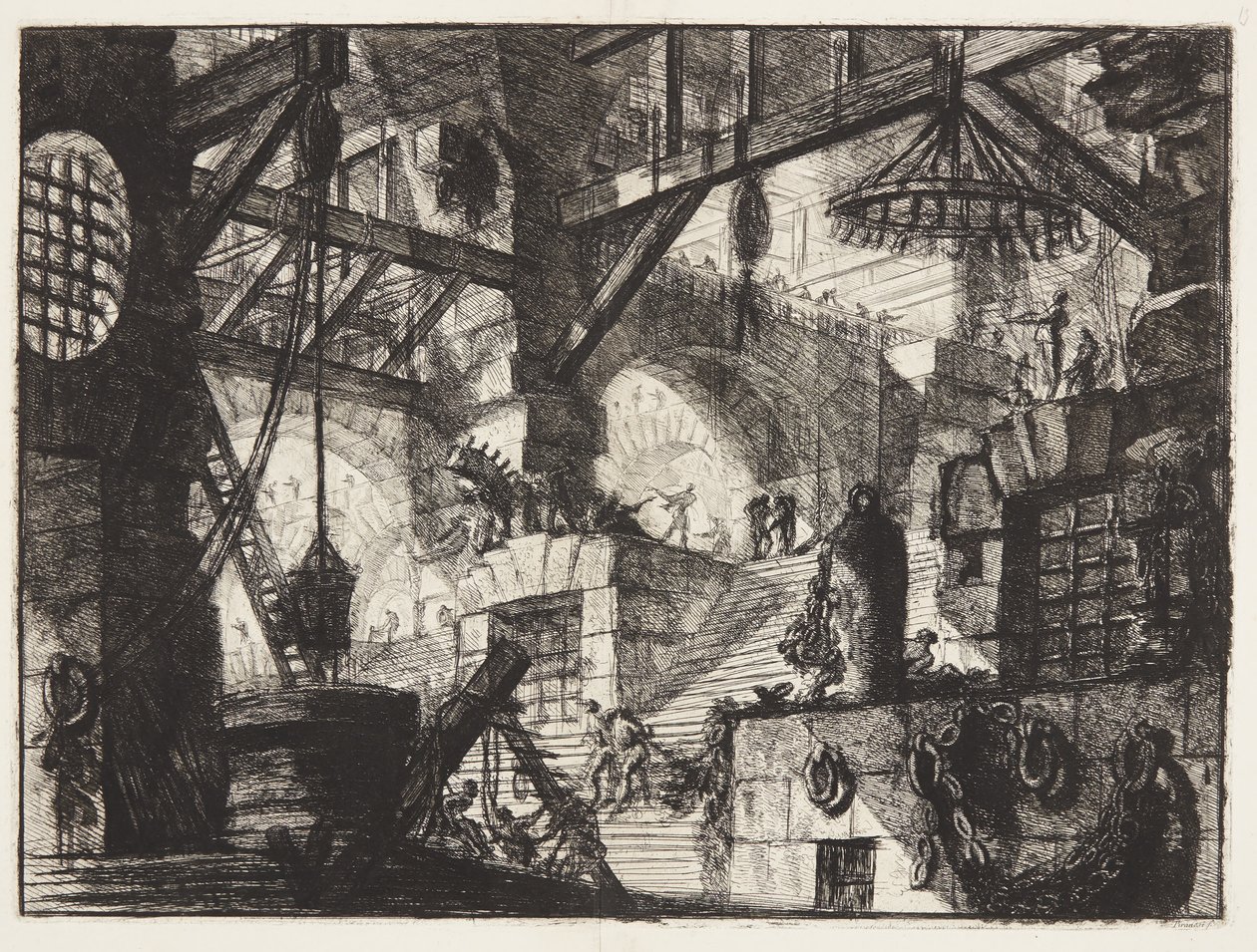 Ett grillat och rustikt fönster ligger mitt i en trappa med grupper av tunga kedjor till rätten av Giovanni Battista Piranesi