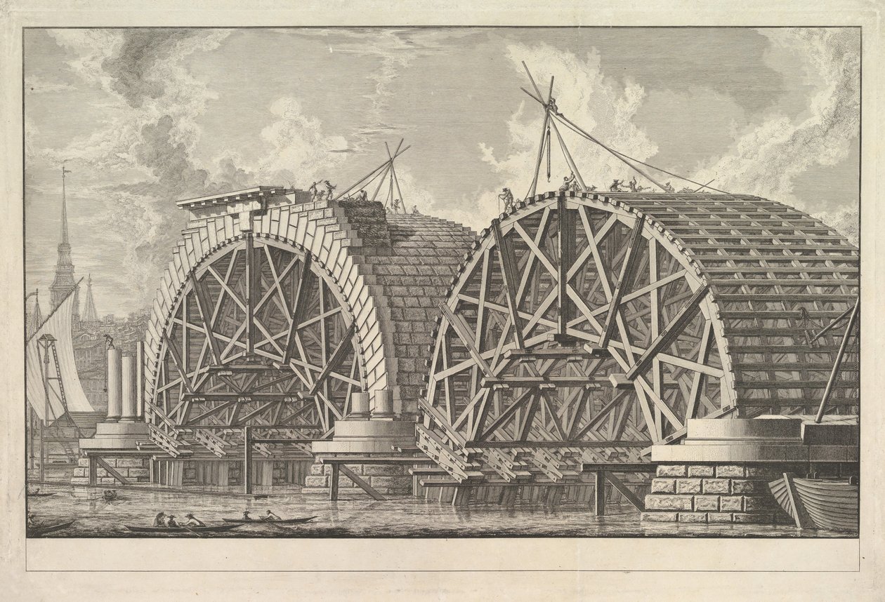En vy av en del av den tänkta bron vid Blackfriars, London, ca. 1764. av Giovanni Battista Piranesi