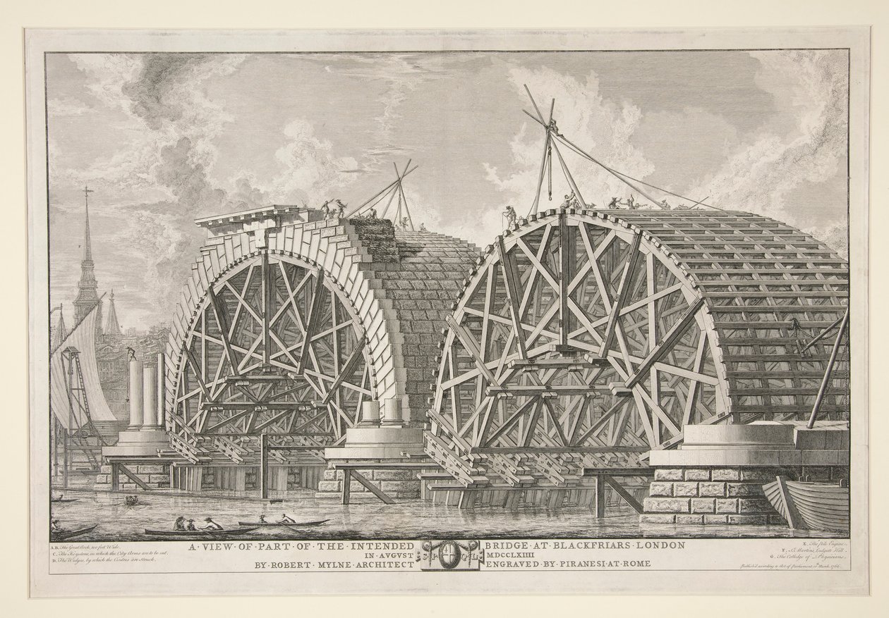 En vy av en del av den tänkta bron vid Blackfriars, London, i augusti MDCCLXIII av Robert Mylne, arkitekt, graverad av Piranesi i Rom av Giovanni Battista Piranesi
