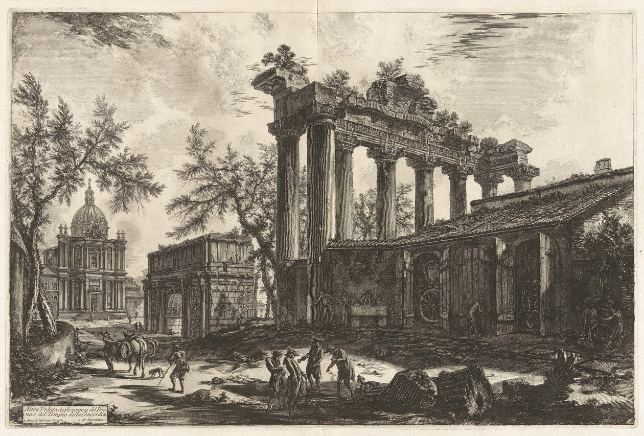 Altra Veduta degli avanzi del Pronao del Tempio del Concordia (En annan vy av resterna av Pronaos av Concordtemplet [Saturnustemplet med Septimius Severus båge i vänster bakgrund]), från Vedute di Roma (Utsikt över Rom) av Giovanni Battista Piranesi