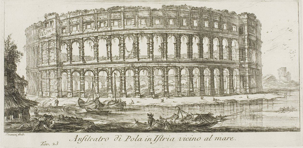Amfiteatern i Pula i Istrien nära havet, skylt 23 från Some Views of Triumphal Arches och andra monument av Giovanni Battista Piranesi