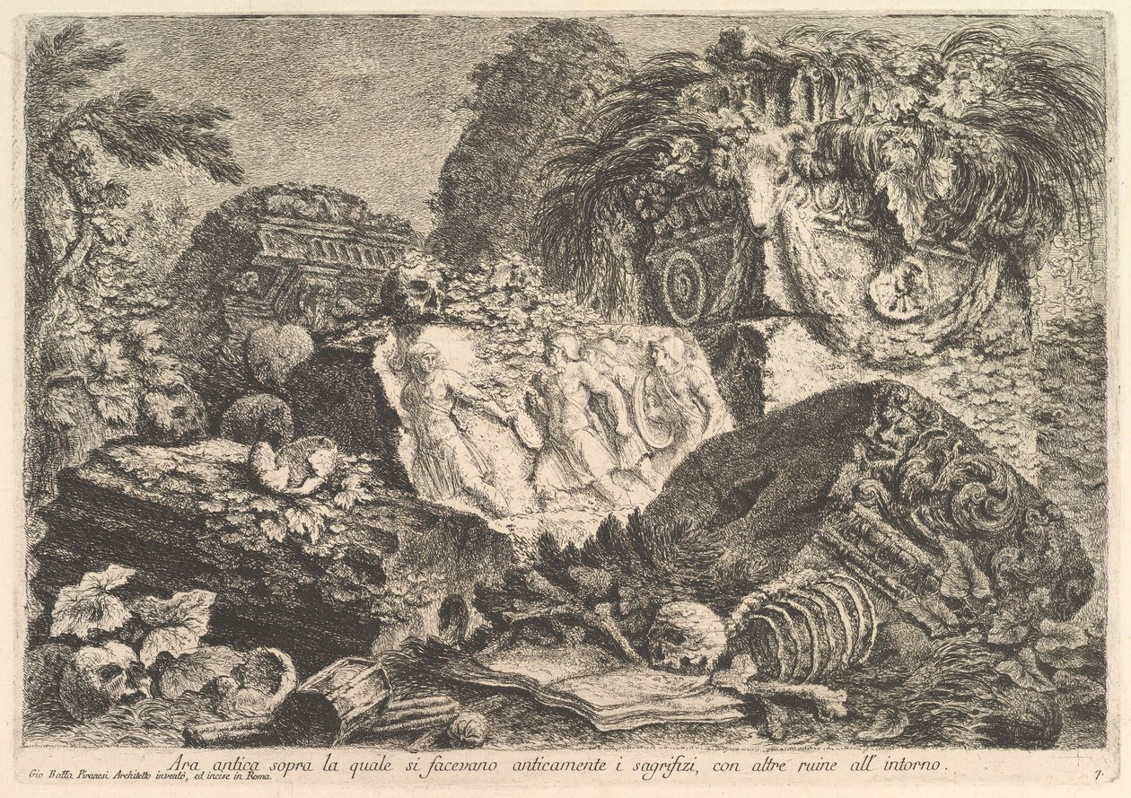Forntida altare på vilket offer utfördes i antiken, omgivet av andra rui..., ca. 1750. av Giovanni Battista Piranesi