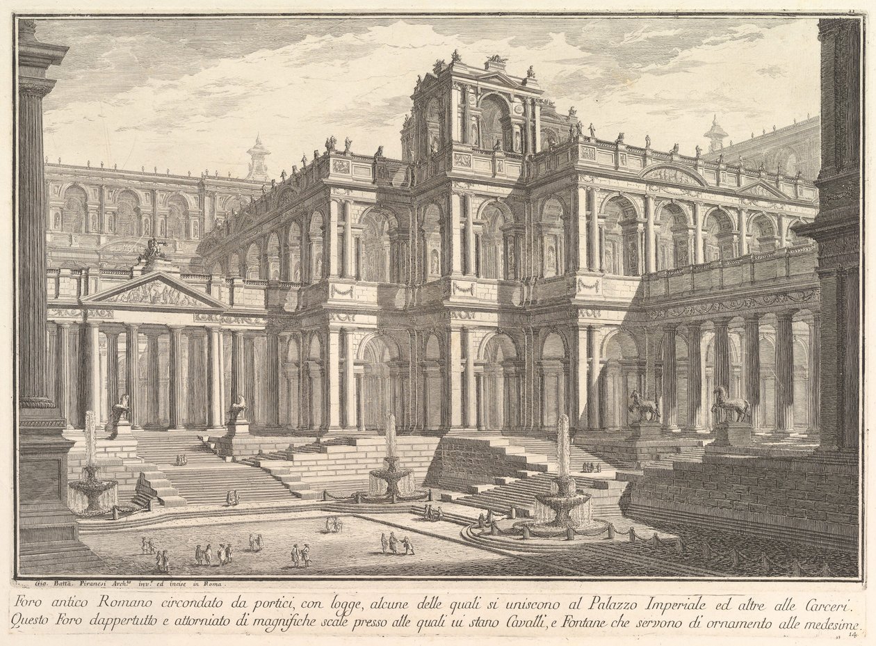 Forntida romersk forum omgivet av portiker, med loggier, av vilka några kommunicerar med..., ca. 1750. av Giovanni Battista Piranesi