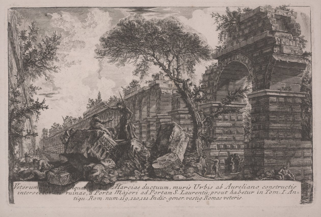 Forntida akvedukt av Acqua Marcia vid stadsmuren uppförd av Aurelian av Giovanni Battista Piranesi