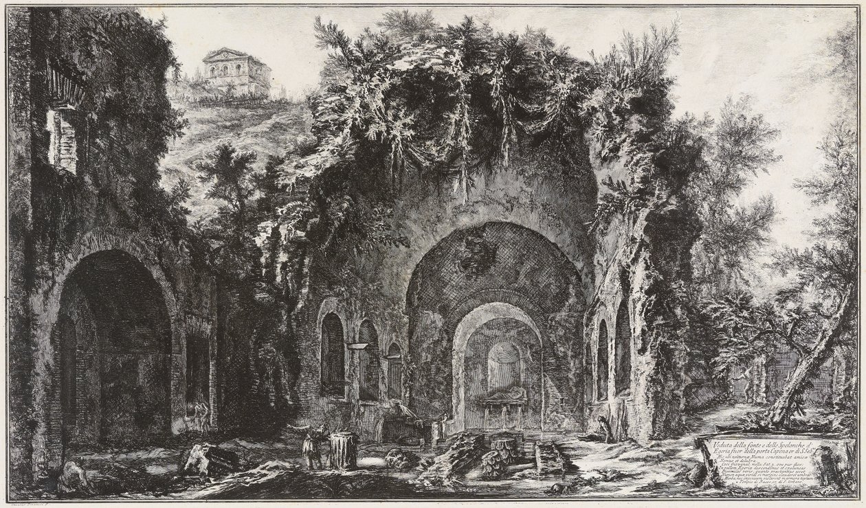 Utsikt över Egerias källa och grottor framför Porta Capena, nu Porta di San Sebastiano av Giovanni Battista Piranesi