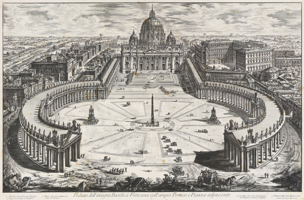 Vy över den berömda Vatikanbasilikan med bred portik och angränsande förgård av Giovanni Battista Piranesi