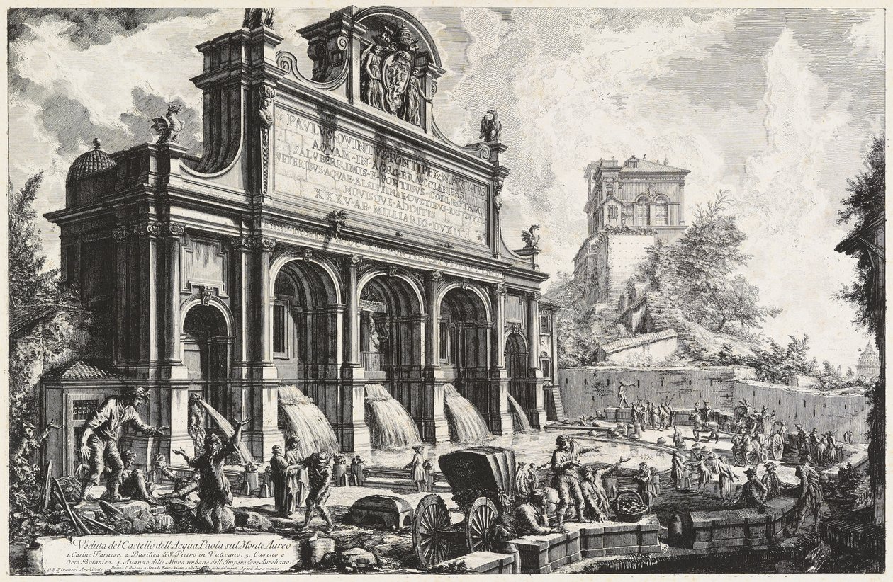 Vy över Castello dell’Acqua Paola på Monte Aureo (Gianicolo) av Giovanni Battista Piranesi
