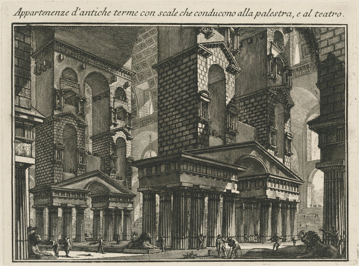 Tillbehör av antika bad med trappor som leder till palestjärnan och till teatern av Giovanni Battista Piranesi