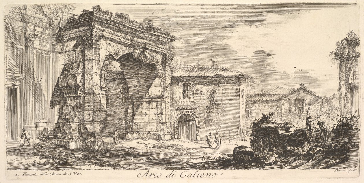 Galienus båge. 1. Fasad av kyrkan S. Vito Arco di Gallieno. 1. Facciata av..., ca. 1748. av Giovanni Battista Piranesi