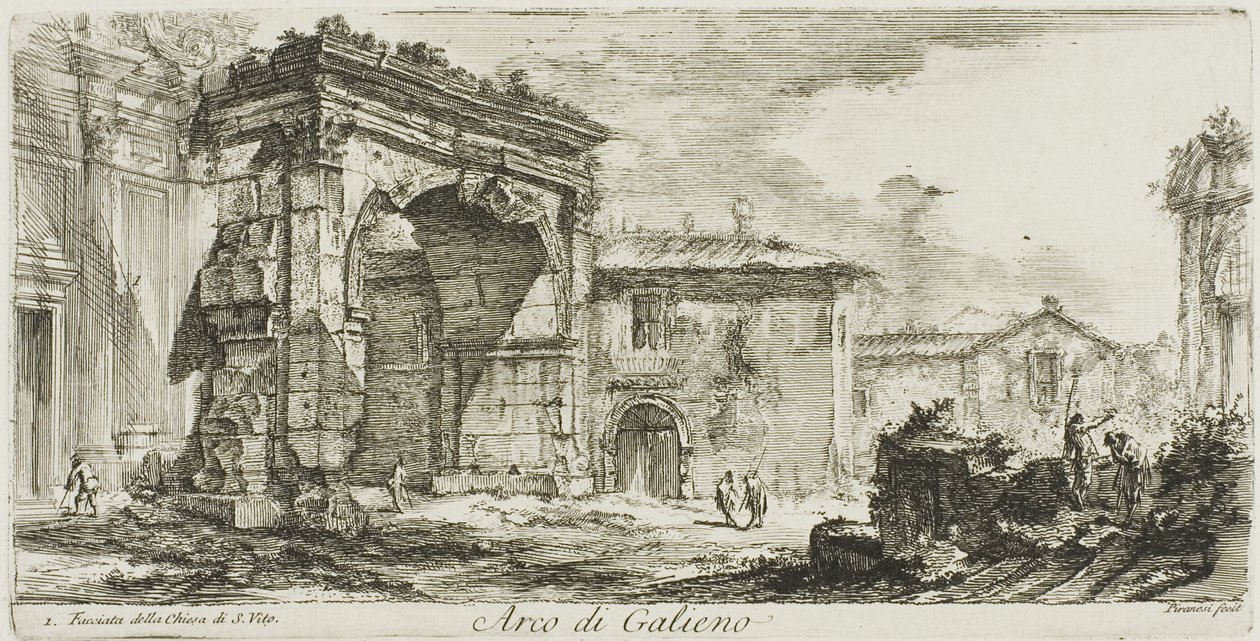 Galienus båge. I. Fasaden på kyrkan S. Vito, plansch 29 från Some Views of Triumphal Arches and other monuments av Giovanni Battista Piranesi
