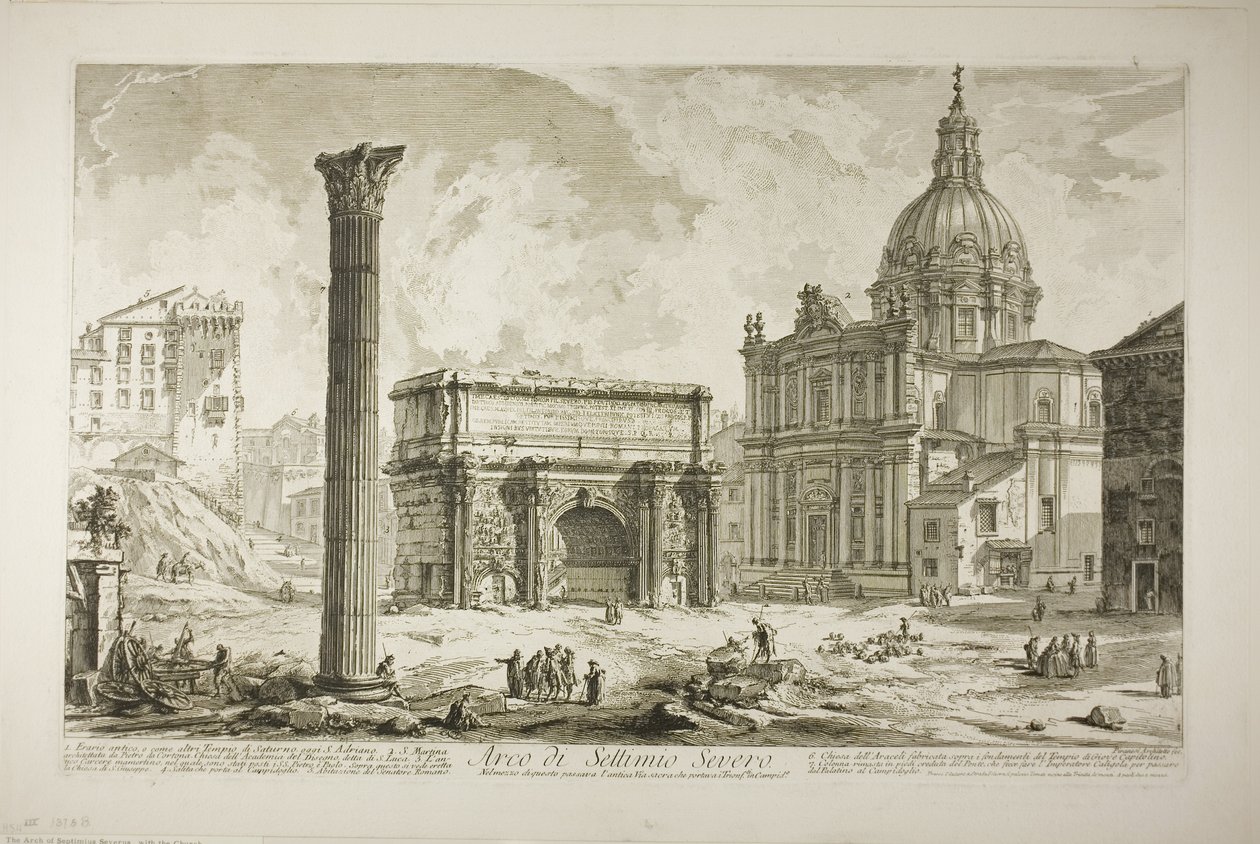 Båge av Septimius Severus som passerade den antika heliga vägen och förde segrarna till Capitolium, från utsikt över Rom av Giovanni Battista Piranesi