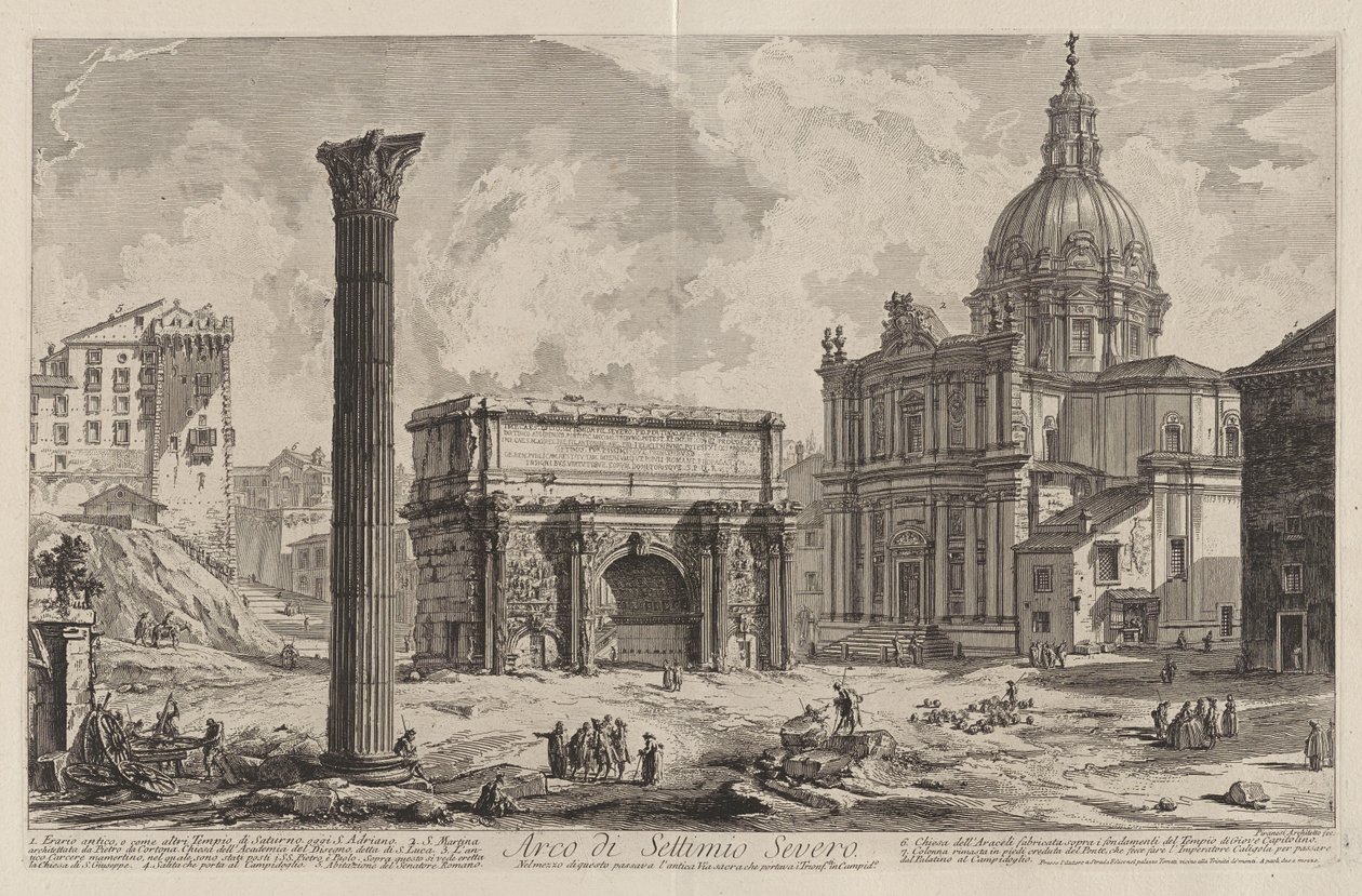 Septimius Severus båge. Genom dess mitt gick den antika Via Sacra, som förde segrarna till Kapitolium (med kyrkan Santi Martina e Luca) av Giovanni Battista Piranesi
