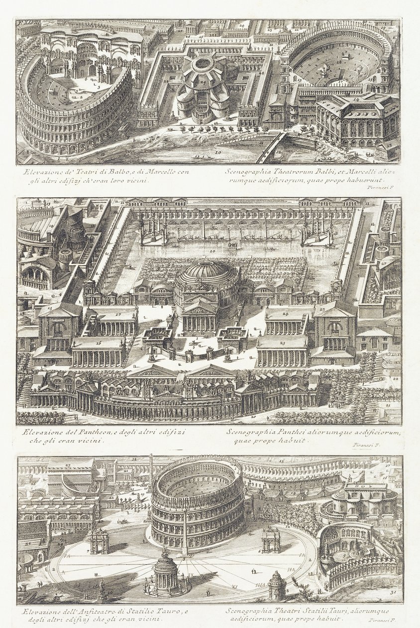 Fågelperspektiv av: Balbo- och Marcello-teatrarna, Pantheon och dess omgivningar och Statilio Tauro Amphitheatre av Giovanni Battista Piranesi