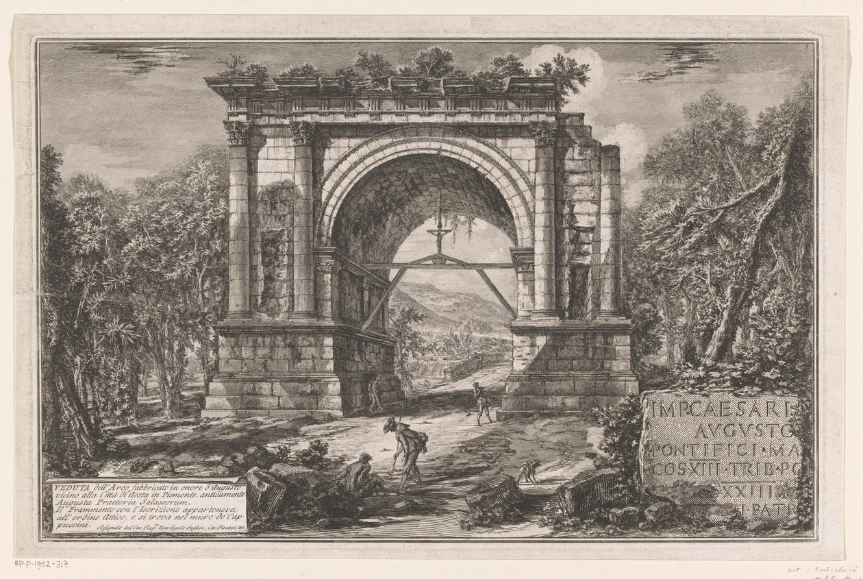 Boog van Augustus te Aosta Utsikt över bågen byggd för att hedra Augustus nära staden Aosta i Piemonte, tidigare Augusta Praetoria Salassorum (titel på objektet) Någon ansikte öppen dörr Rominbyggd triomfbogen och andra monument (serier av Giovanni Battista Piranesi