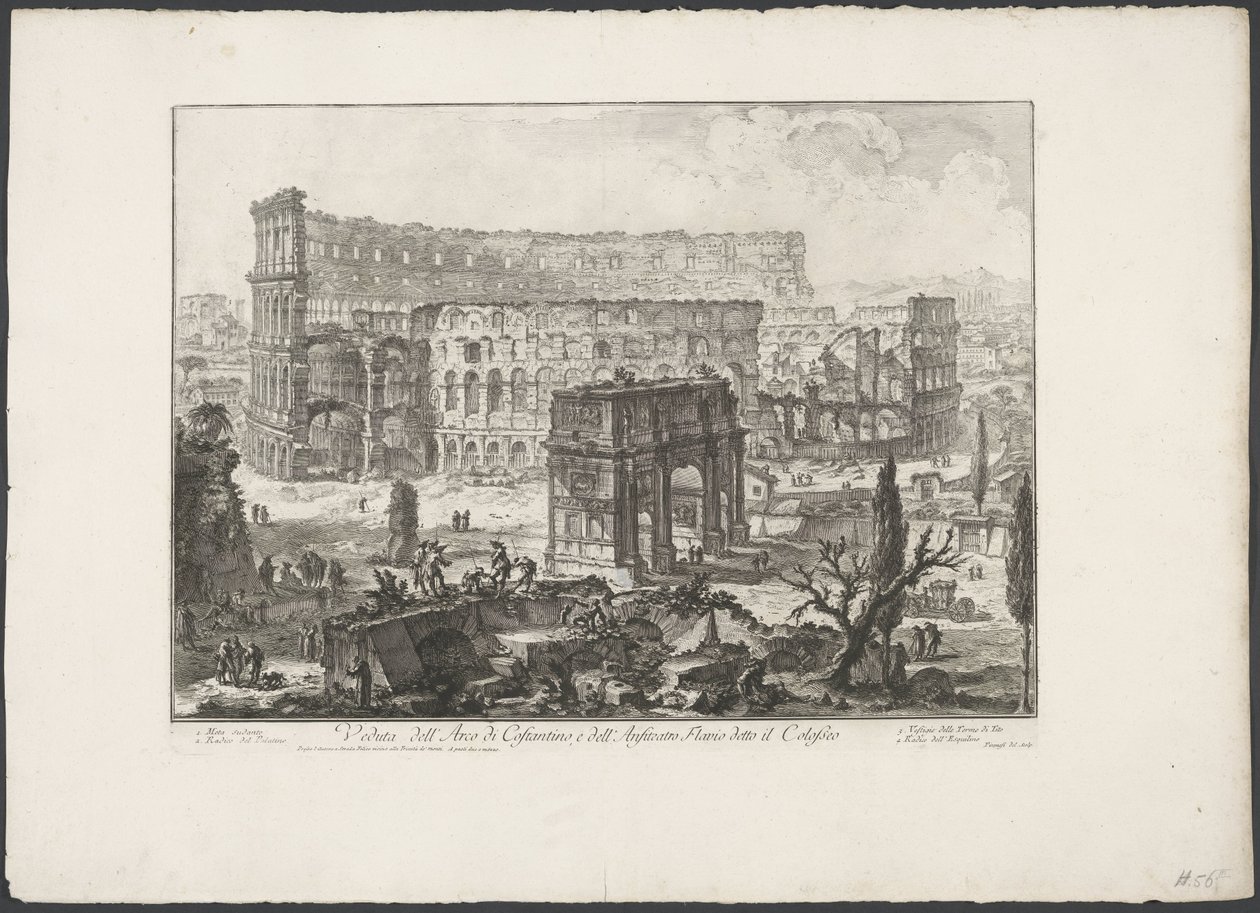 Boog van Constantijn en het Colosseum i Rom Utsikt över Konstantins båge och den flaviska amfiteatern känd som Colosseum (titel på objektet) Gezichten op Rome (serietitel) Vy över Rom ritade och graverade av Giambattista Piranesi-arkitekten Ve(nez)ian av Giovanni Battista Piranesi