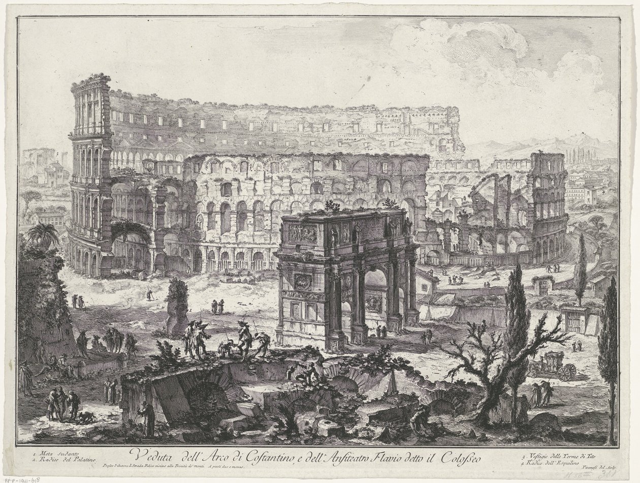 Boog van Constantijn en het Colosseum i Rom Utsikt över Konstantins båge och den flaviska amfiteatern känd som Colosseum (titel på objektet) Gezichten op Rome (serietitel) Utsikt över Rom designad och graverad av Giambattista Piranesi-arkitekten Ve (nez) i av Giovanni Battista Piranesi