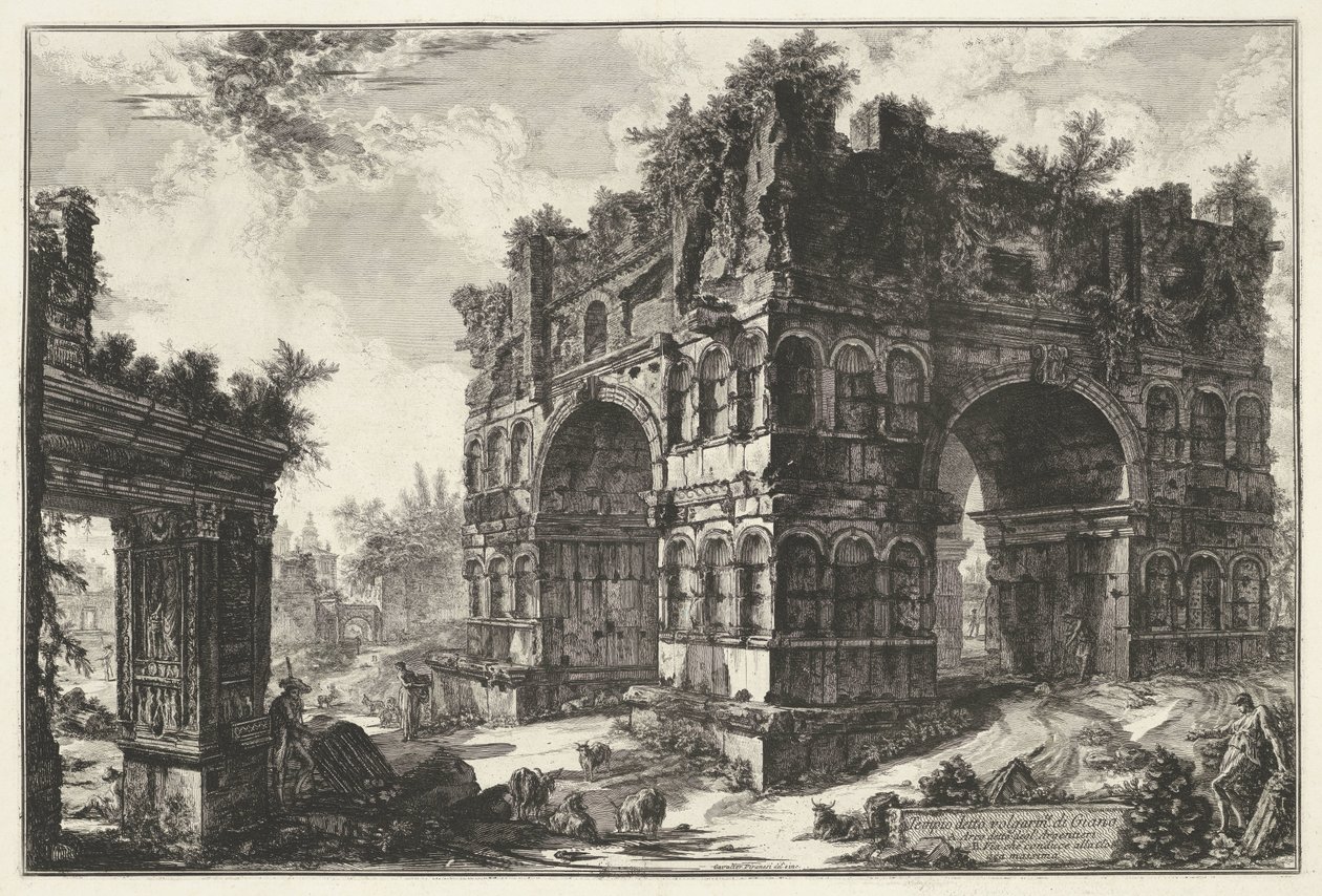 Boog van Janus en de Boog van de geldwisselaars i Rom Tempel som heter volgarm.te di Giano (titel på objekt) Gezichten op Rome (serietitel) Utsikt över Rom designad och graverad av Giambattista Piranesi-arkitekten Ve (nez) iano (serietitel) av Giovanni Battista Piranesi
