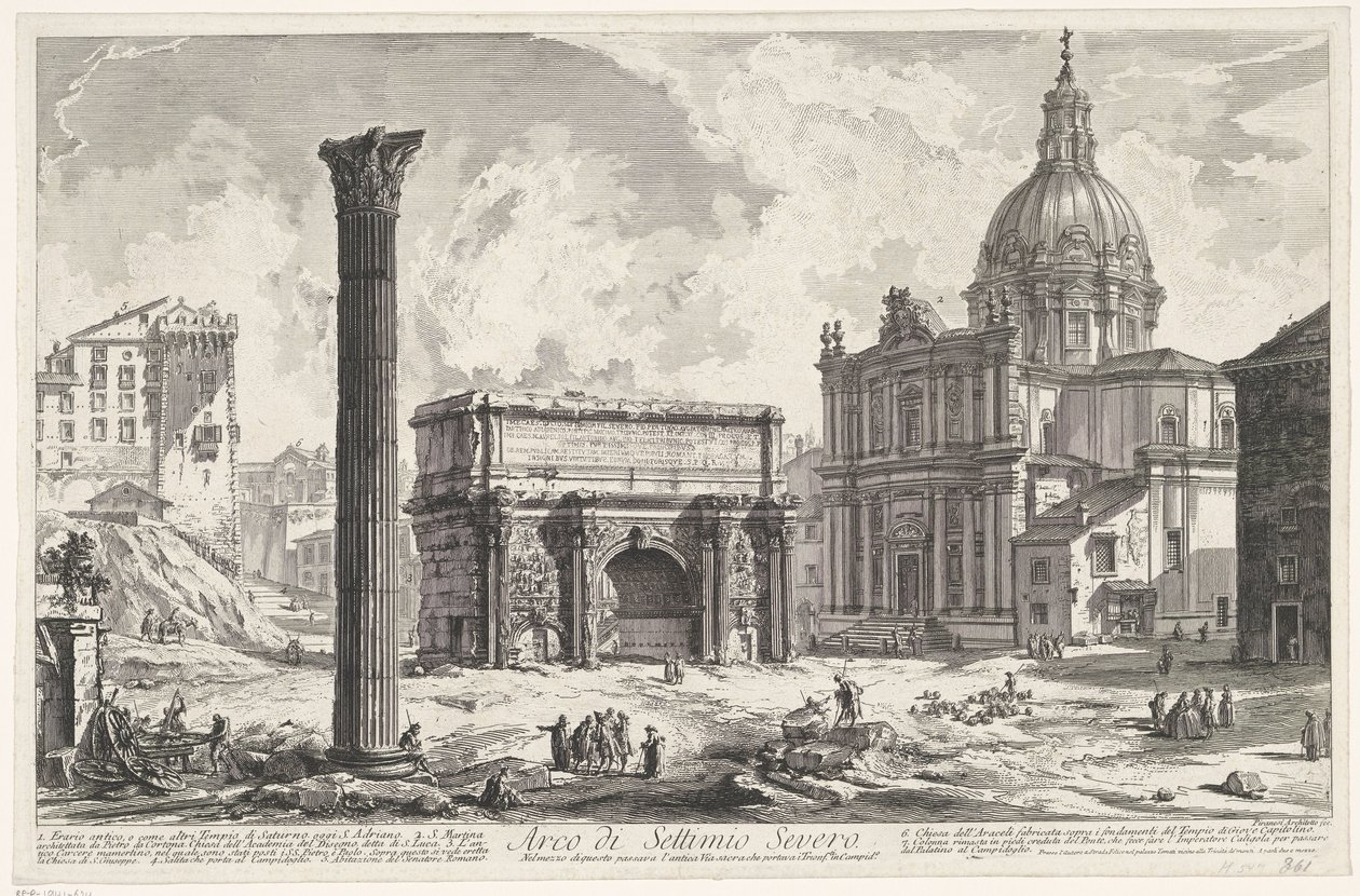 Boog van Septimius Severus på het Forum Romanum Arch of Septimius Sever (...) (titel på objekt) Gezichten op Rome (serietitel) Utsikt över Rom designad och graverad av Giambattista Piranesi-arkitekten Ve (nez) iano (serietitel) av Giovanni Battista Piranesi