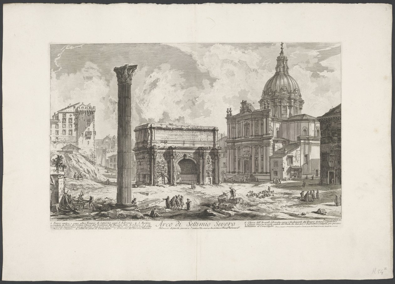 Boog van Septimius Severus på het Forum Romanum Arch of Septimius Severus (...) (titel på objekt) Gezichten op Rome (serietitel) Utsikt över Rom designad och graverad av Giambattista Piranesi-arkitekten Ve (nez) iano (serietitel) av Giovanni Battista Piranesi
