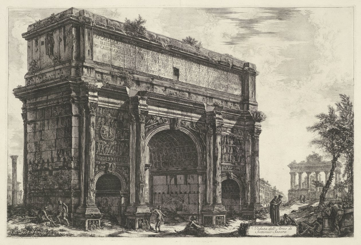 Boog van Septimius Severus i Rom Utsikt över Septimius Severus båge (titel på objekt) Gezichten op Rome (serietitel) Utsikt över Rom designad och graverad av Giambattista Piranesi-arkitekten Ve (nez) iano (serietitel) av Giovanni Battista Piranesi