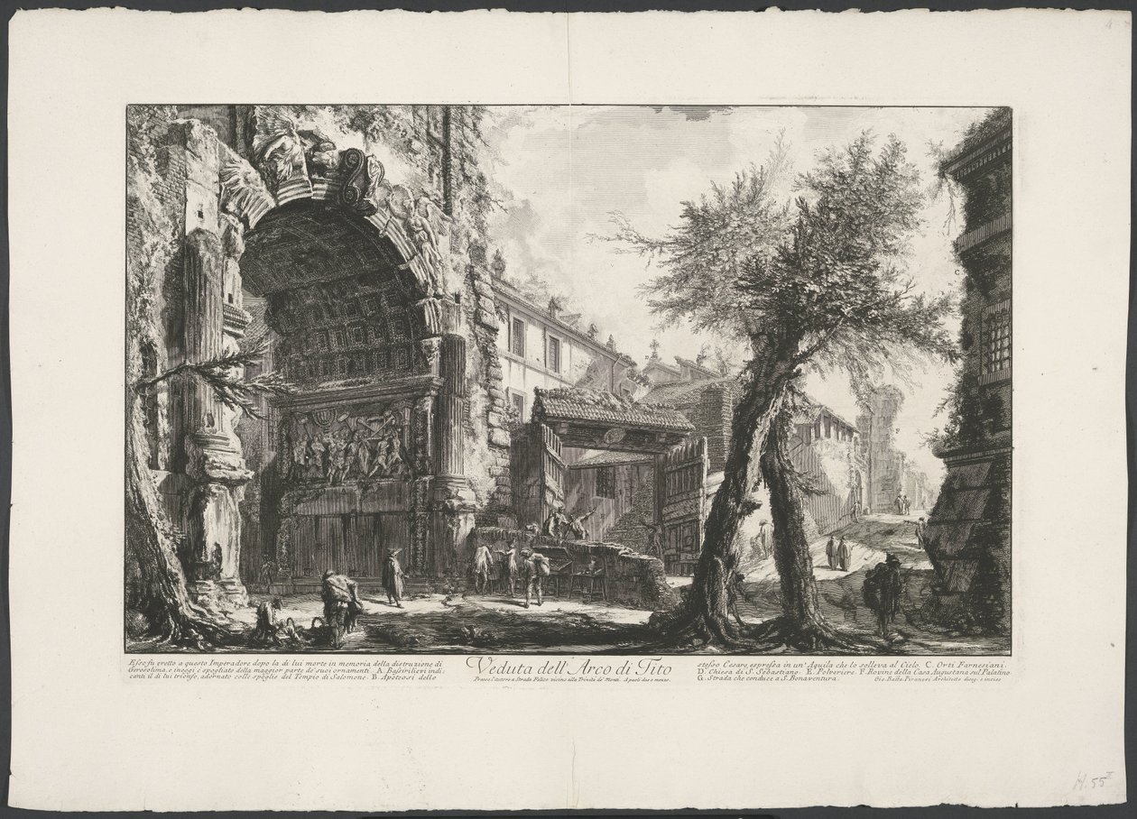 Boog van Titus i Rom Utsikt över Titusbågen (titel på objekt) Gezichten op Rome (serietitel) Utsikt över Rom designad och graverad av Giambattista Piranesi-arkitekten Ve (nez) iano (serietitel) av Giovanni Battista Piranesi