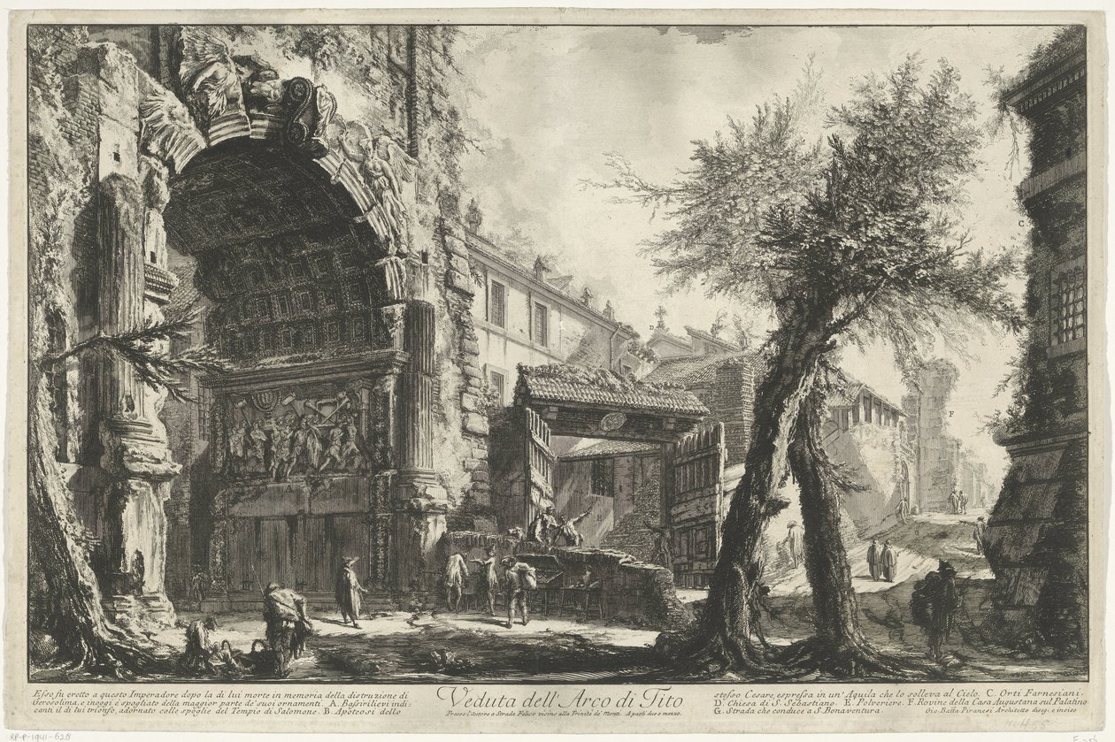 Boog van Titus i Rom Utsikt över Titusbågen (titel på objekt) Gezichten op Rome (serietitel) Utsikt över Rom designad och graverad av Giambattista Piranesi-arkitekten Ve (nez) iano (serietitel) av Giovanni Battista Piranesi