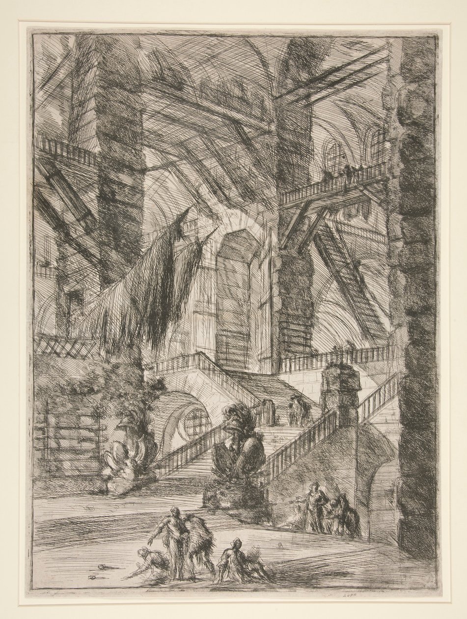 Carceri, VIII: Trappan med troféer av Giovanni Battista Piranesi