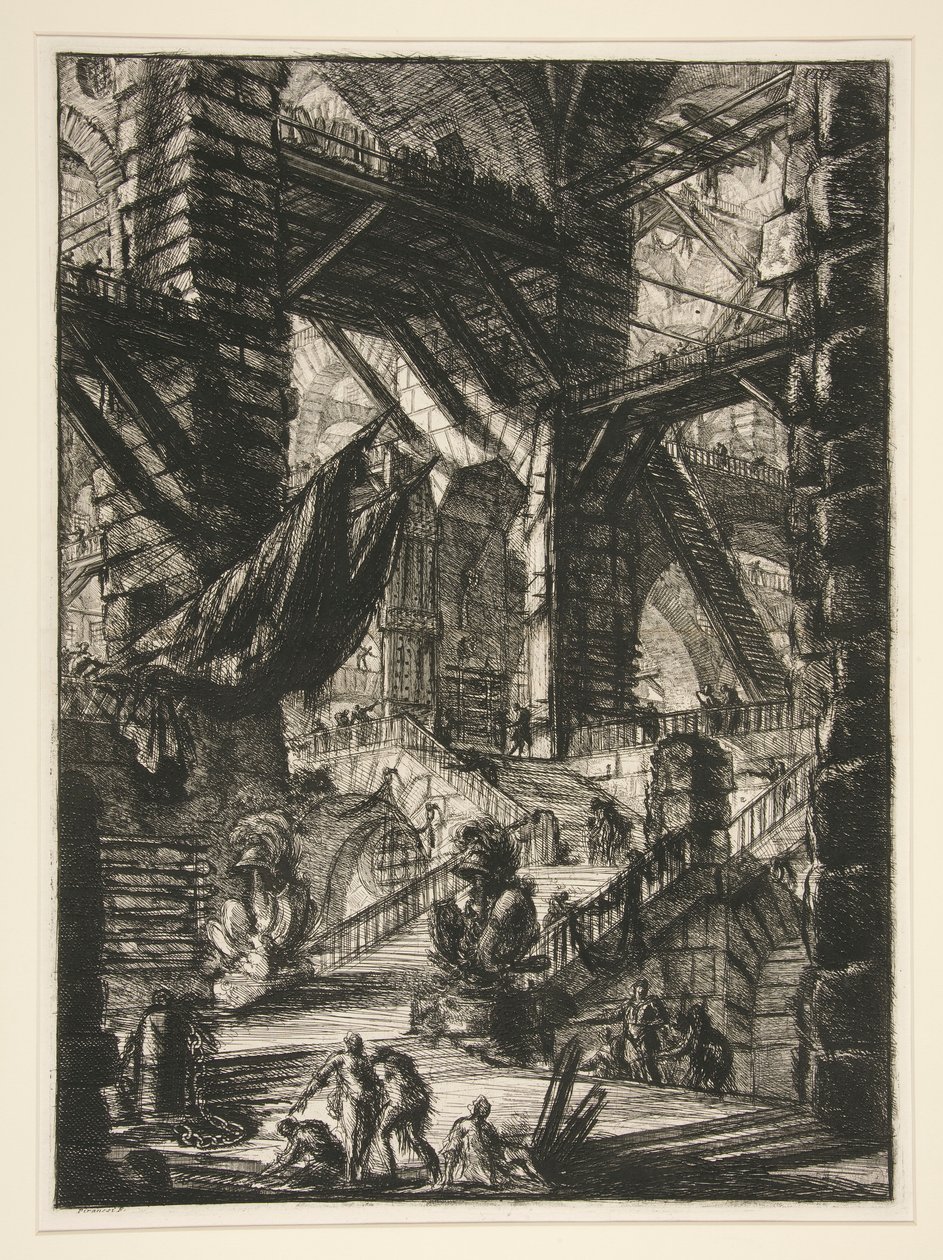 Carceri, VIII: Trappan med troféer av Giovanni Battista Piranesi