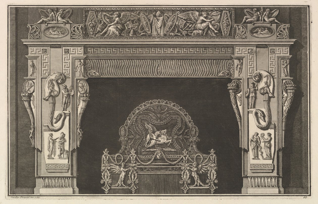 Skorstensstycke: Fris av troféer och bevingade segrar på överliggaren, med ymnighetshorn ..., ca. 1769. av Giovanni Battista Piranesi