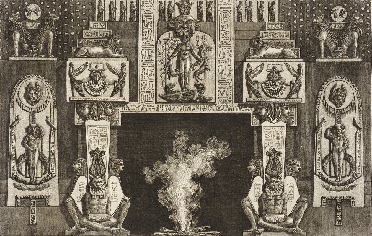 Eldstad i egyptisk stil: grupper om tre hukande figurer på varje dörrpost av Giovanni Battista Piranesi