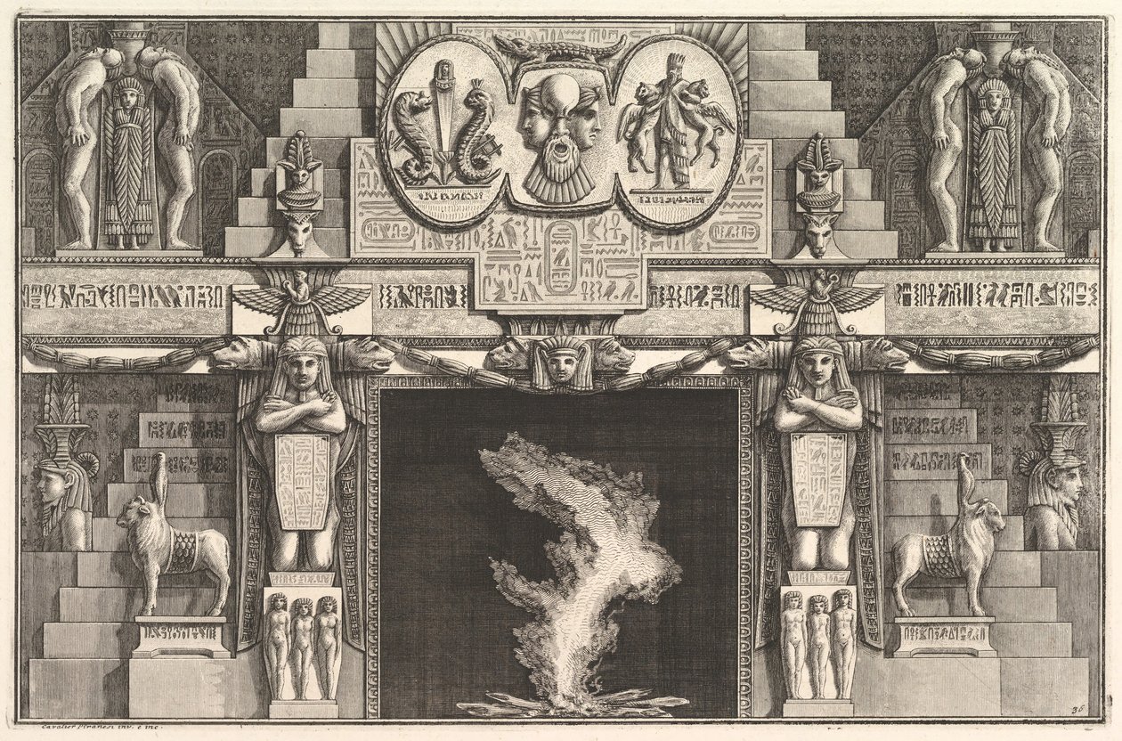 Skorstensstycke i egyptisk stil: Grupper om tre kvinnliga nakenbilder vid basen av varje j..., ca. 1769. av Giovanni Battista Piranesi