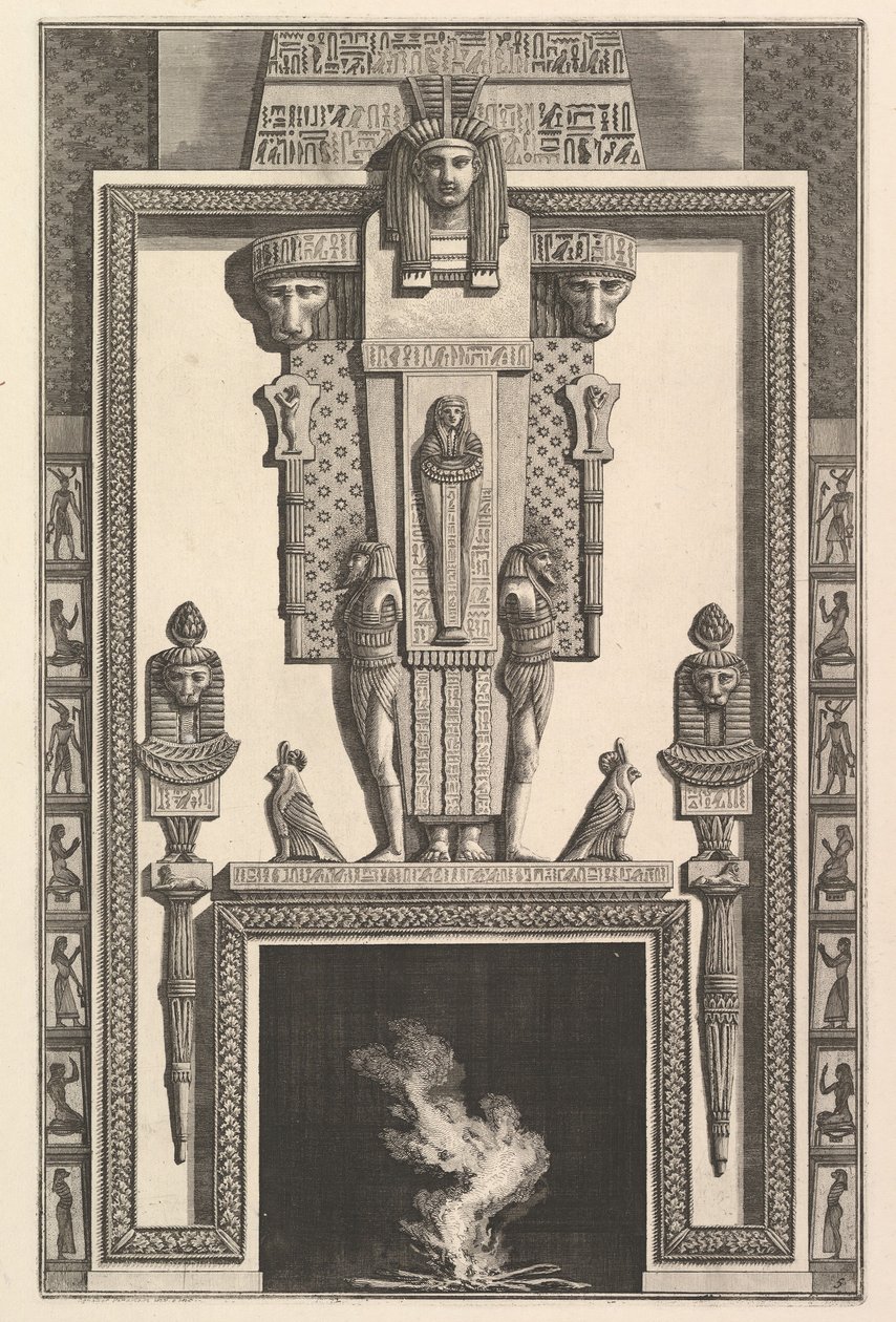 Skorstensstycke i egyptisk stil: Mumie överlagd på en stor karyatid ovanför linte..., 1769. av Giovanni Battista Piranesi