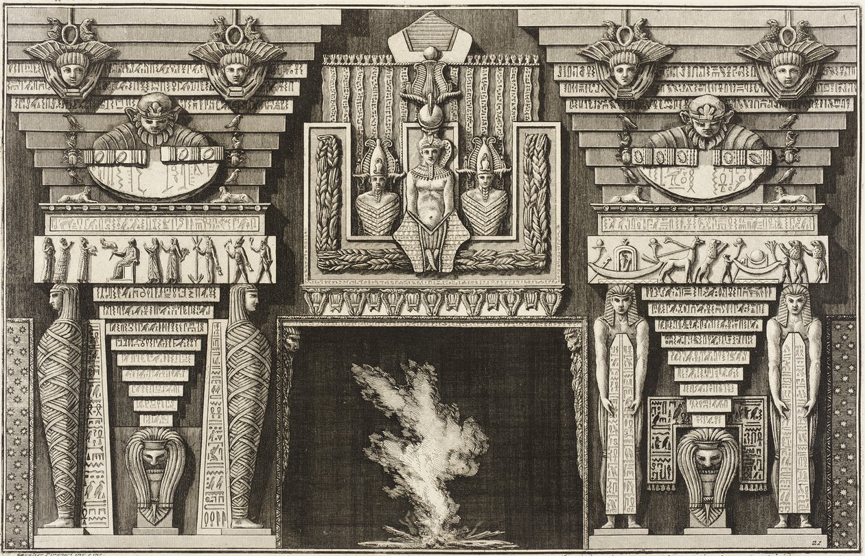 Eldstad i egyptisk stil: två mumier i profil till vänster och två figurer som bär obelisker till höger. av Giovanni Battista Piranesi